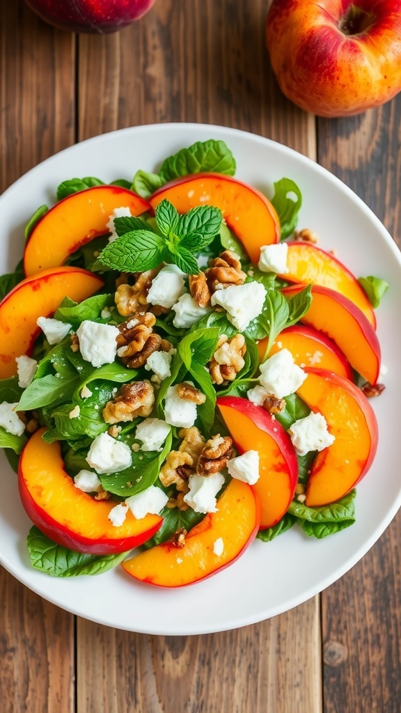 A colorful peach salad with peaches, greens, feta, and walnuts on a rustic table.